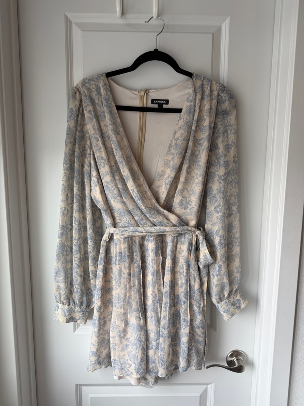Express Cream and Light Blue Floral Wrap Dress